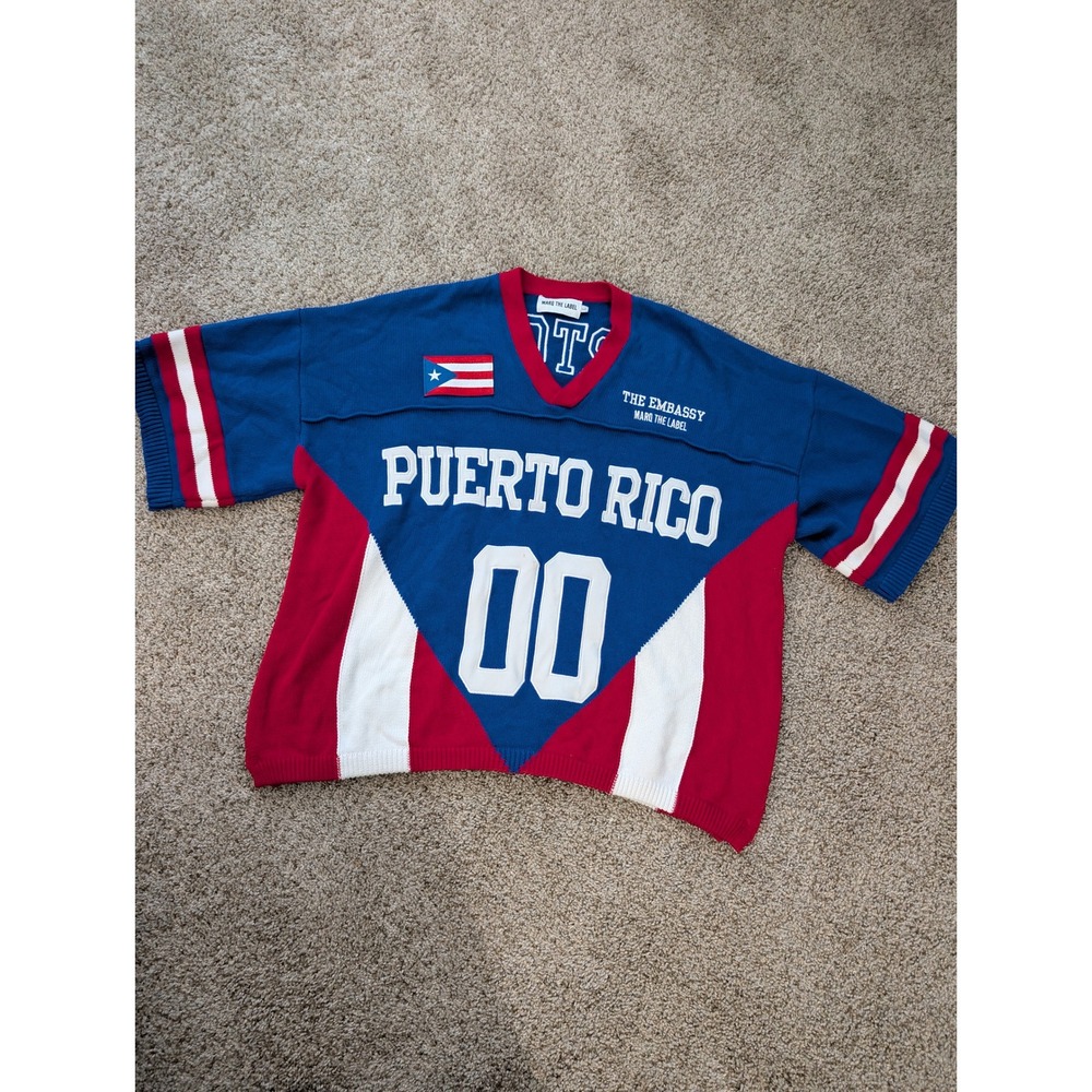 Marq The Label Puerto Rico Knit Jersey Sweater Blue Red White Mens Large 00
